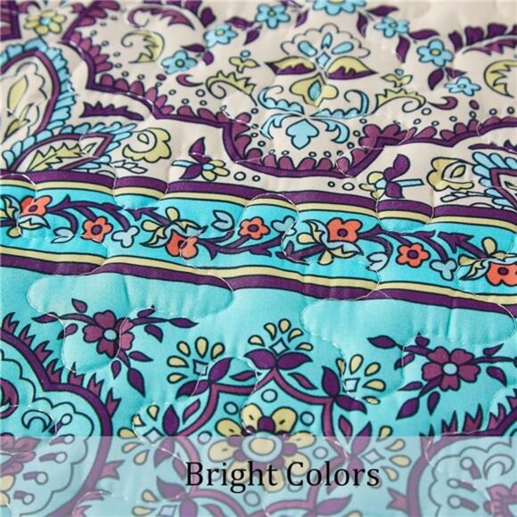 Boho Queen Quilt Set, Blue Purple Bohemian Queen Quilt Bedding - Picture 6 of 7